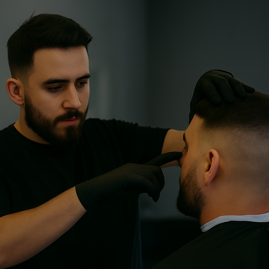 Barber giving a haircut to a client with a dark background